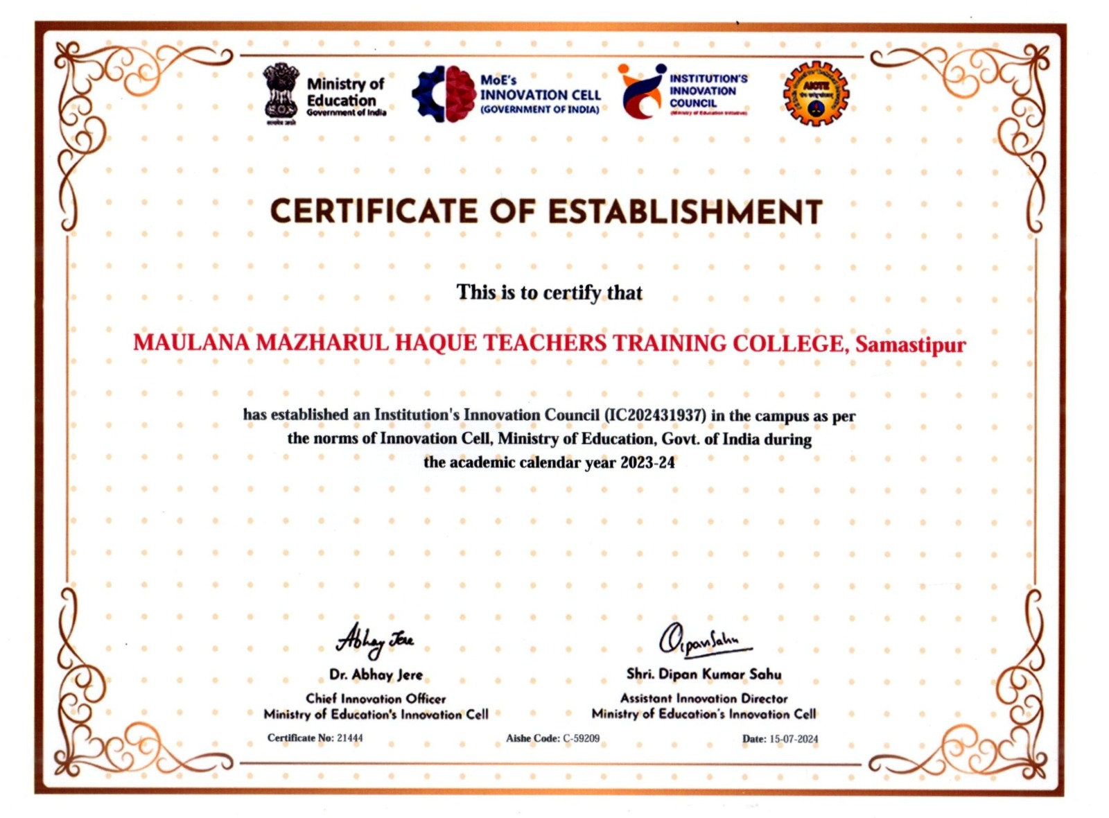 Establishment Certificate